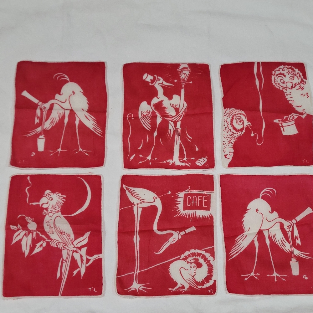 Tom Lamb Rare Cocktail Barware Vintage Napkins Whimsey Bird Owl Art Deco Linen